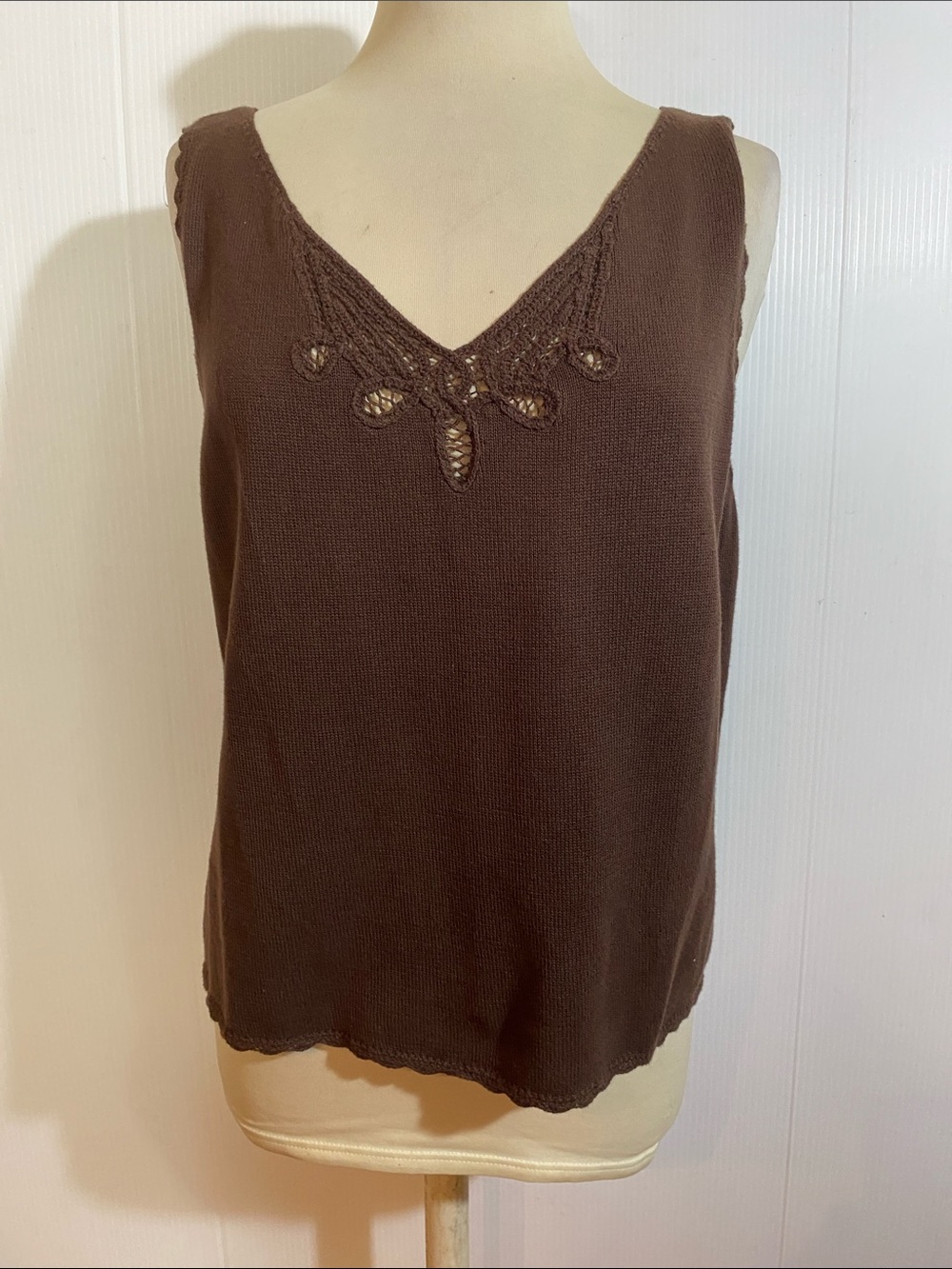 Valerie Stevens Brown V-Neck Knit Tank with Crochet Detail